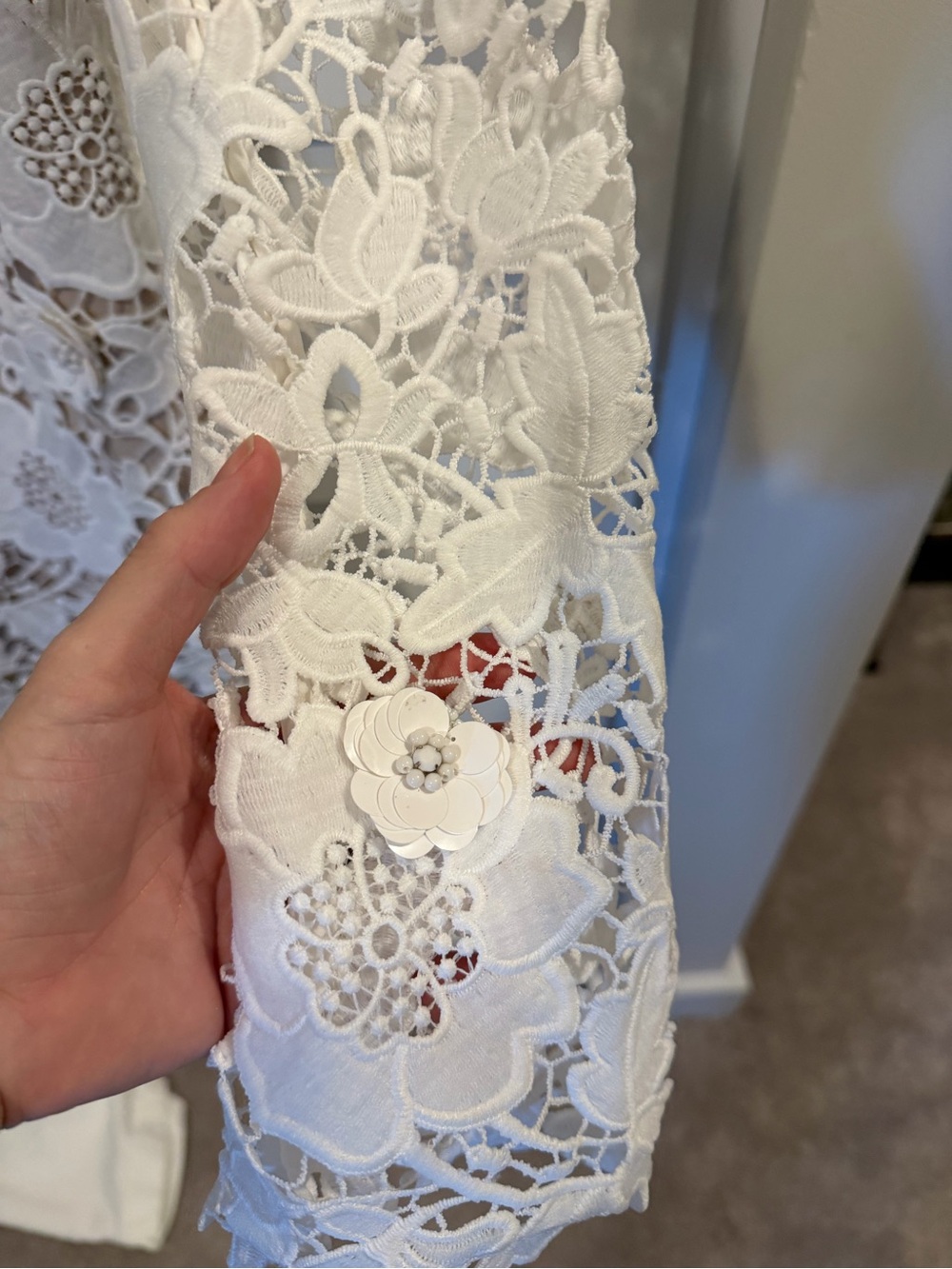L'Academie Delphine White Floral Lace High-Neck Mini Dress - Picture 7 of 12